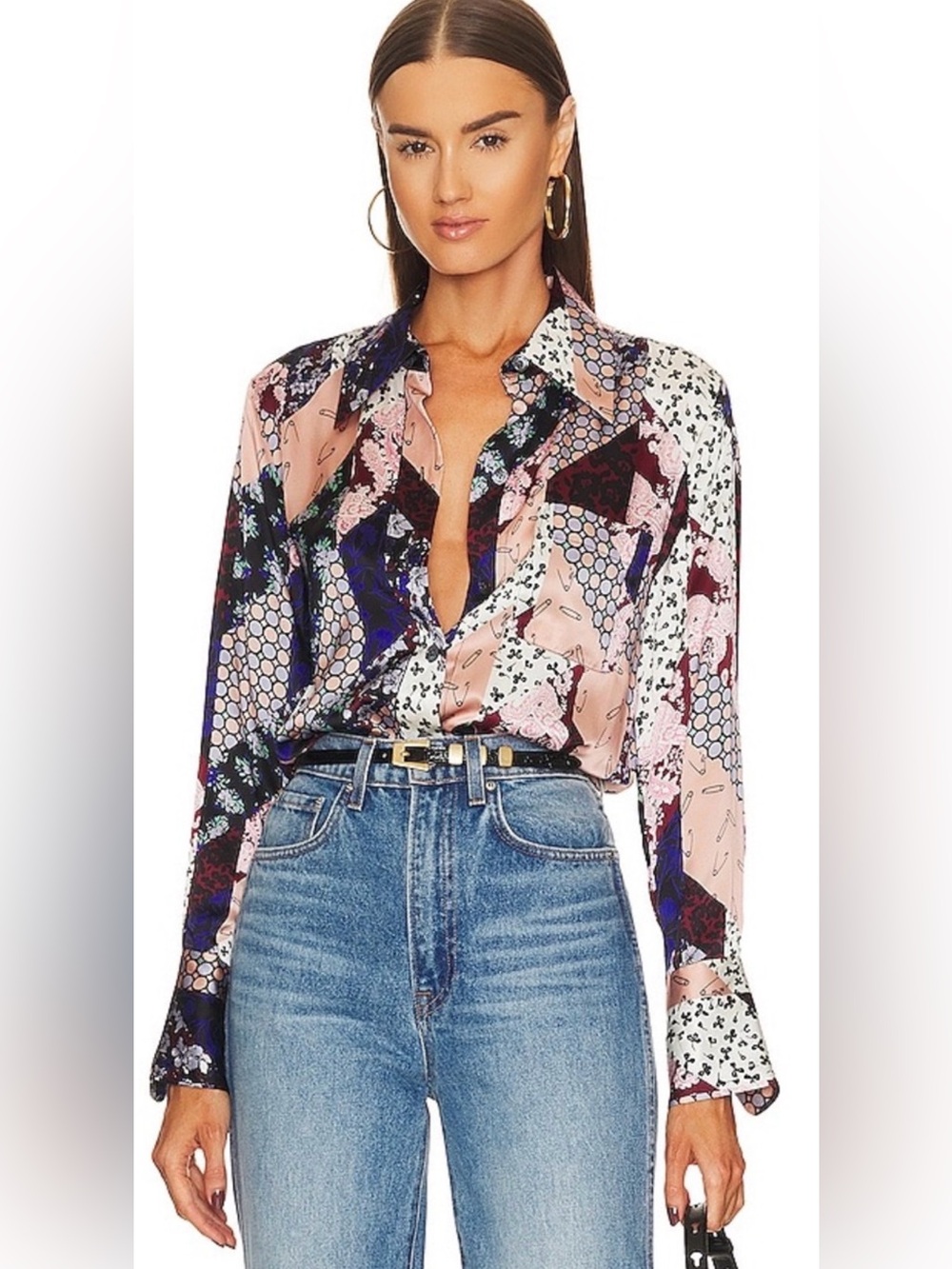 Equipment Multicolor Patchwork Print 100% Silk Button-Down Shirt